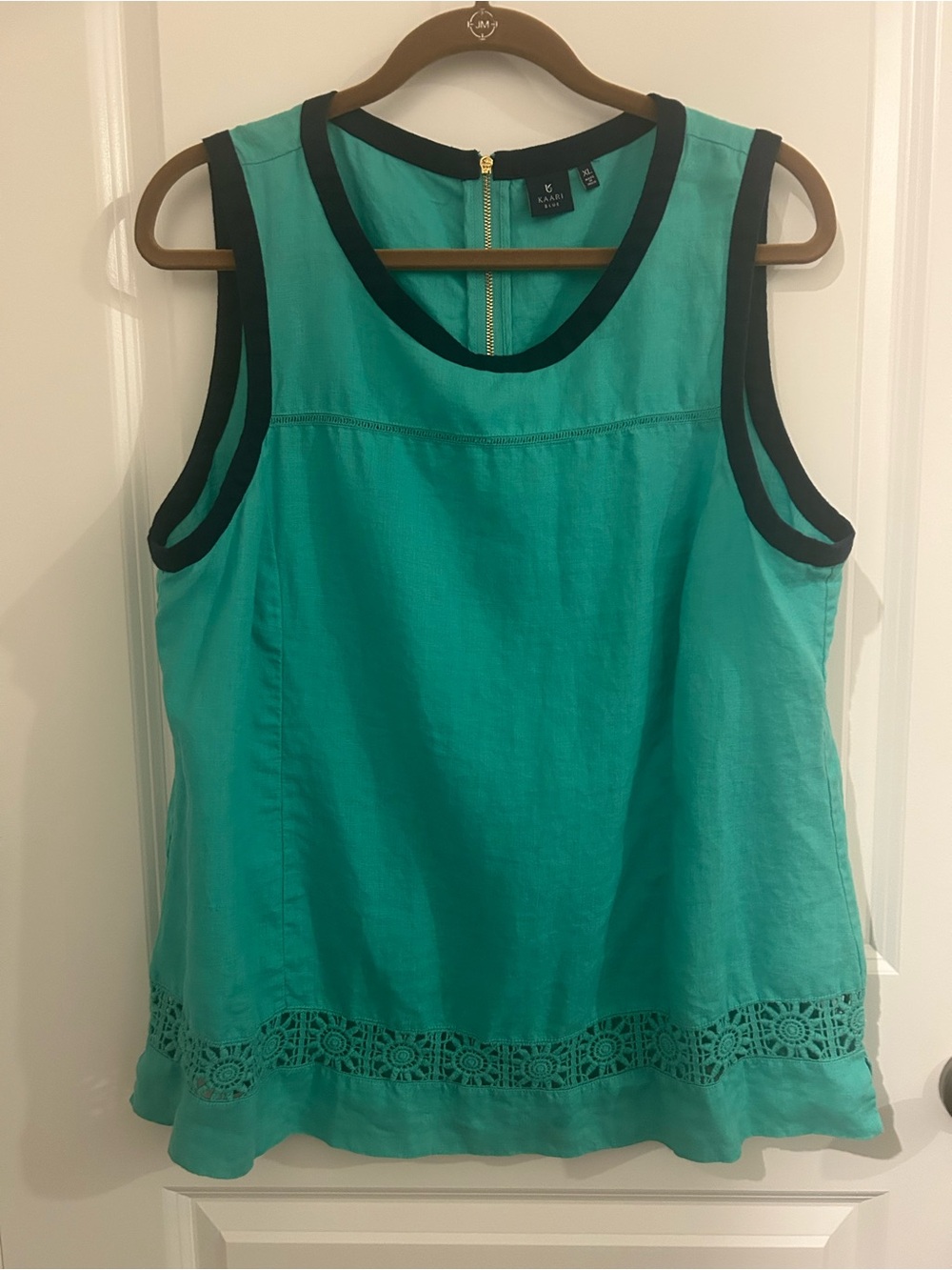 Kaari Blue Teal Sleeveless linen Tank with navy Trim
